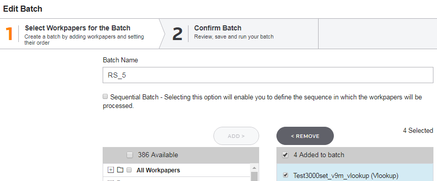 Screen capture showing the options in Select Workpapers for the Batch.